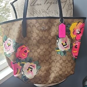 Coach Brown Signature Canvas Tote with Pink and Yellow Floral Print